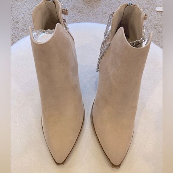 Faux Suede Classic V Cut Pointed Toe Stacked Mid Heel Boots Double Ankle Chain - Picture 5 of 11